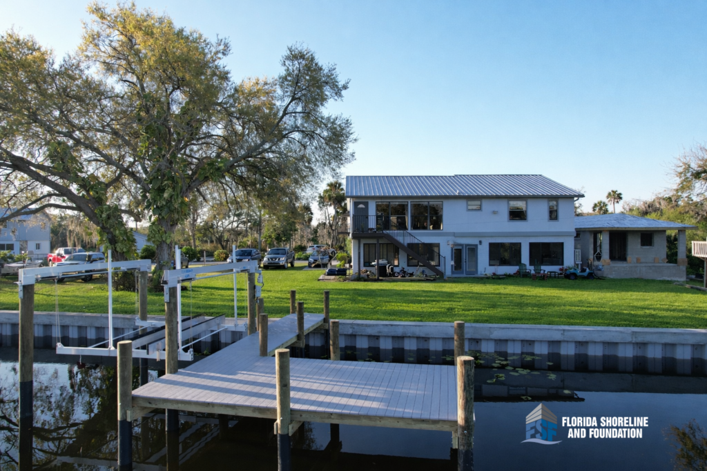 Waterfront home with a newly installed seawall, dock with AZEK decking, and DECO boat lift along the Braden River in Bradenton, Florida.
