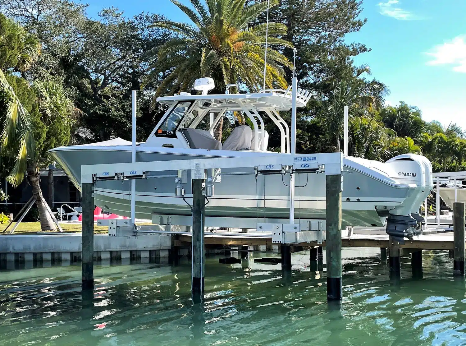 Siesta Key Seawall Ipe Dock Dual Deco Boat Lifts