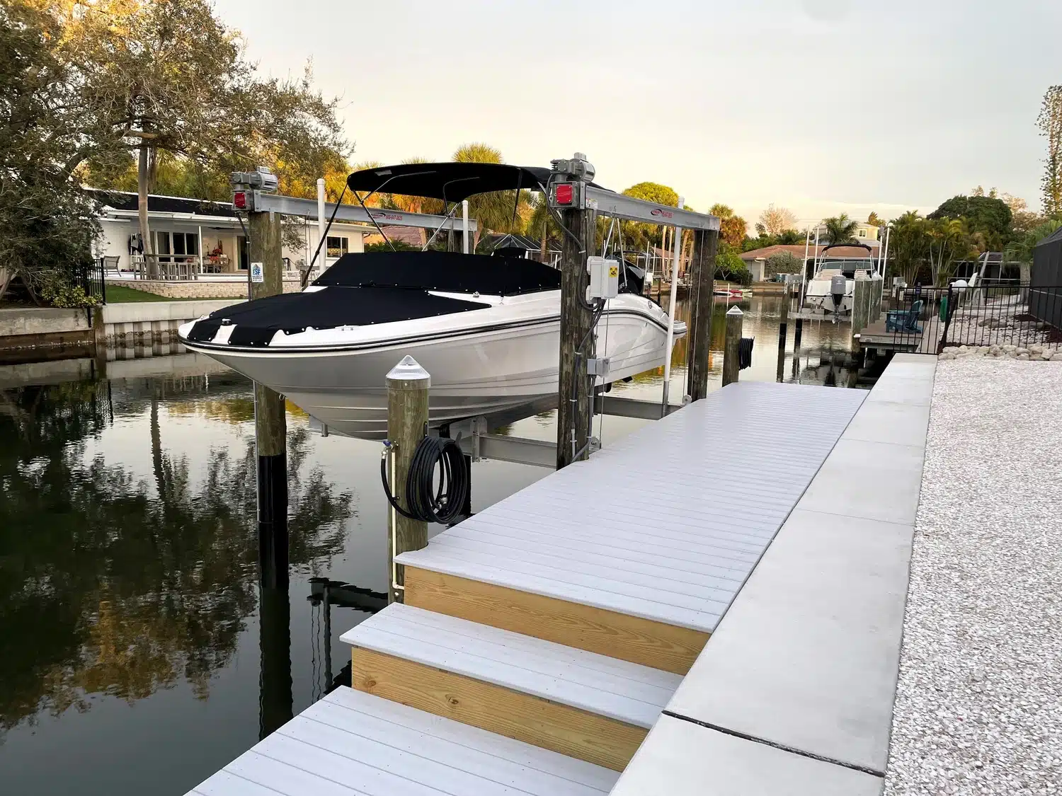 Siesta Key Seawall Timbertech Dock Boat Lift Installation